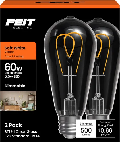 Miniatura 12 de Feit Electric ST19 - Bombilla LED vintage, equivalente a 60 W, luz cálida de 2100 K, filamento en espiral, vidrio ámbar, regulable, bombilla