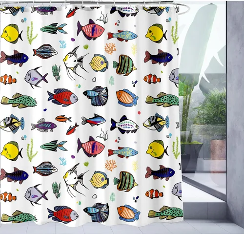 Juego de cortina de ducha con diseño de peces de colores vintage, 72 x 72 pulgadas con ganchos