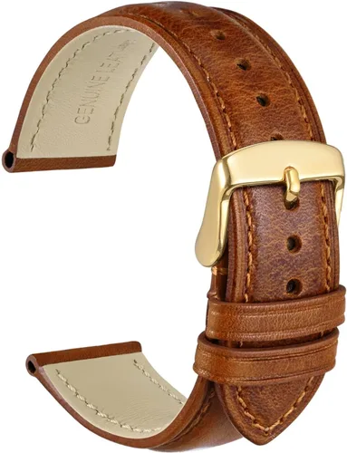 WOCCI Correa de reloj de cuero vintage de 0.787 in para hombres y mujeres, hebilla dorada (marrón dorado)