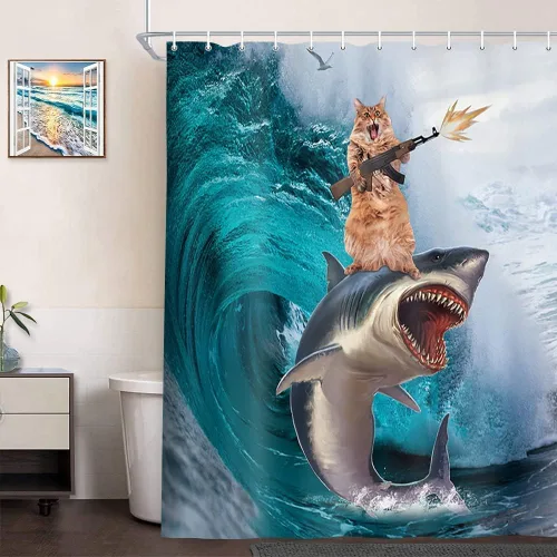 NYMB Divertida cortina de ducha de gato para baño de niños, genial gato montando ballena, tiburón en olas del océano, cortinas de ducha de tela de