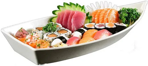 Miniatura 3 de Happy Sales HSSB-10BB - Plato con forma de barco de sushi para sushi sashimi, bandeja de plástico de melamina de 10 x 4.5 pulgadas (bambú)