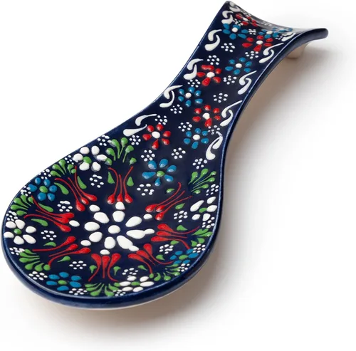 Soporte de cuchara de cerámica hecho a mano, soporte de cuchara azul floral para encimera de cocina | Hand Painted Turkish Spoon Rest for Stove Top