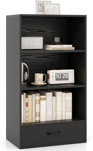 Miniatura 11 de GOFLAME Estantería pequeña de 4 niveles con cajón de almacenamiento, estantería de madera de 42.5 pulgadas con 3 estantes abiertos, moderno, Natural
