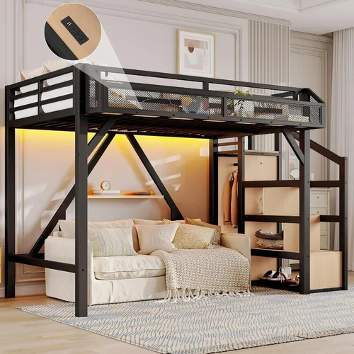 Miniatura 9 de SOFTSEA Cama alta individual XL con escaleras y almacenamiento, marco de cama de metal con puertos USB y luces LED, cama alta resistente con armario