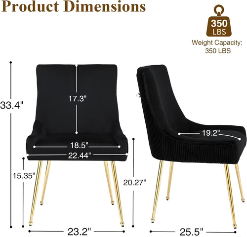 Miniatura 3 de adochr Juego de 2 sillas de comedor modernas con patas de metal dorado, silla de cocina tapizada de terciopelo, respaldo plisado, silla decorativa