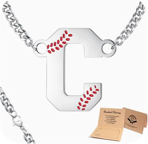Miniatura 32 de QINJIEJIE Collar de béisbol inicial A-Z con letras, accesorios deportivos, colgante de encanto de béisbol, joyería de cadena de acero inoxidable 2-P