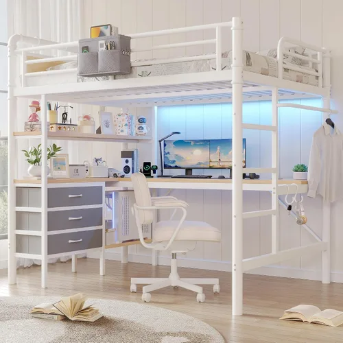 Miniatura 10 de Cama tipo loft de tamaño individual con escritorio en forma de L, luces LED, estación de carga, marco de cama de metal industrial resistente con 3