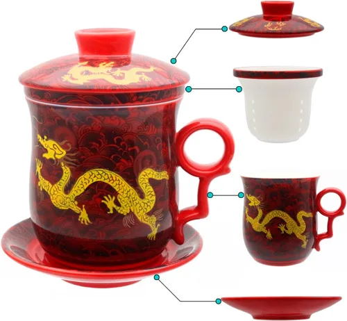 Miniatura 8 de Taza de té de porcelana con tapa de infusor y juegos de platillos – Taza de café de cerámica china Jingdezhen Taza de té de hoja suelta Sistema