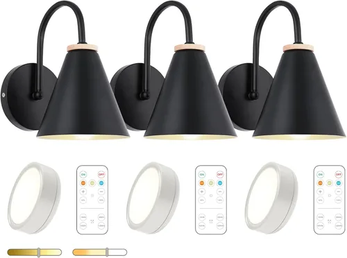 Miniatura 8 de Juego de dos apliques de pared industriales de madera sintética negra con pilas, fácil de instalar, sin cables, bombilla LED regulable con control