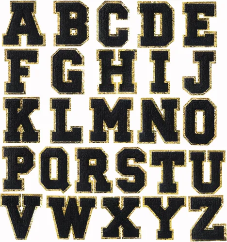 Miniatura 28 de 4 PCS Parches de Letras de Felpilla Negra, Letras Bordadas por Transferencia de Calor, Parches con Purpurina, Parches de Letras Universitarias