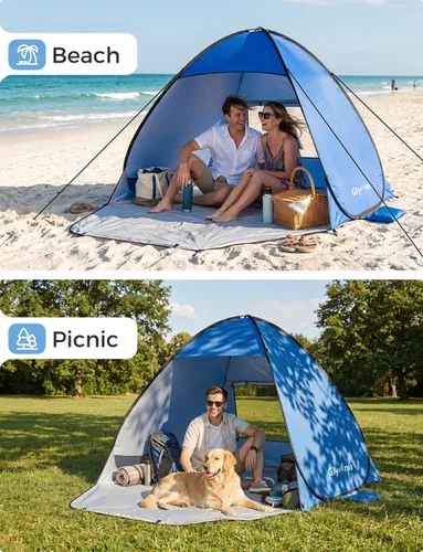 Miniatura 9 de Glymnis Tienda de campaña de playa desplegable para 1-4 personas, refugio solar UPF 50+ con cremallera para puerta, portátil, fácil de poner