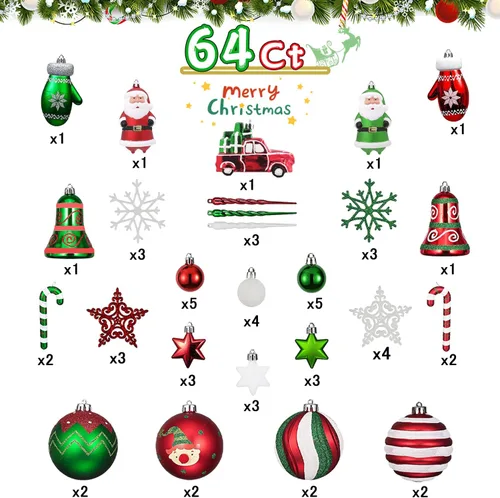 Miniatura 6 de Juego de Adornos de Bolas de Navidad, 64 unidades, Colección Splendor Alegre Rojo Verde Blanco, Adornos Navideños Surtidos Irrompibles para Fiestas