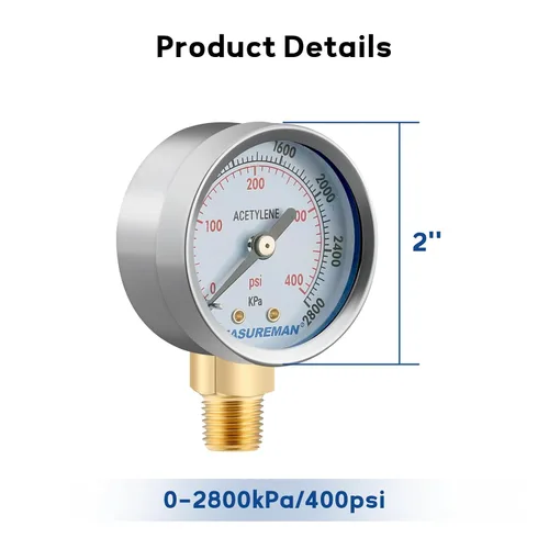 Miniatura 4 de MEASUREMAN Manómetros de baja y alta presión para regulador de acetileno 0-30 psi y 0-400 psi - 2 pulgadas (par) con rosca de 1/4" para reguladores