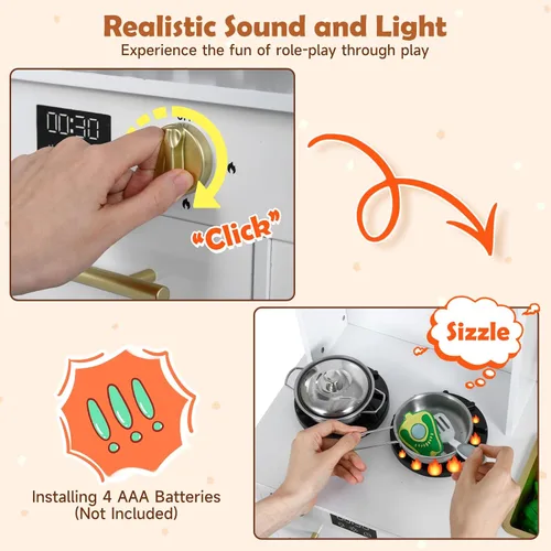 Miniatura 5 de INFANS Juego de cocina para niños, cocina de madera con luces realistas, sonidos, cafetera, lavavajillas, microondas, horno, cajones de tela Blanco