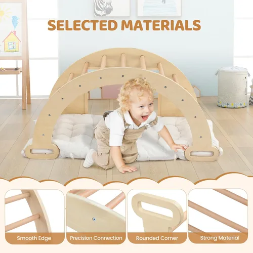 Miniatura 5 de JOYMOR Arco de escalador triangular Pikler 5 en 1 con cojín, mesa sensorial para niños, juguetes de escalada en madera montessori para niños