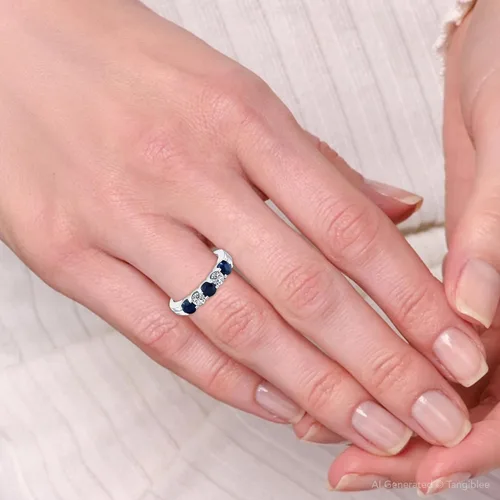 Miniatura 7 de Anillo de aniversario de bodas de cinco piedras con diamantes de zafiro azul de 1 qt en oro blanco de 14 quilates