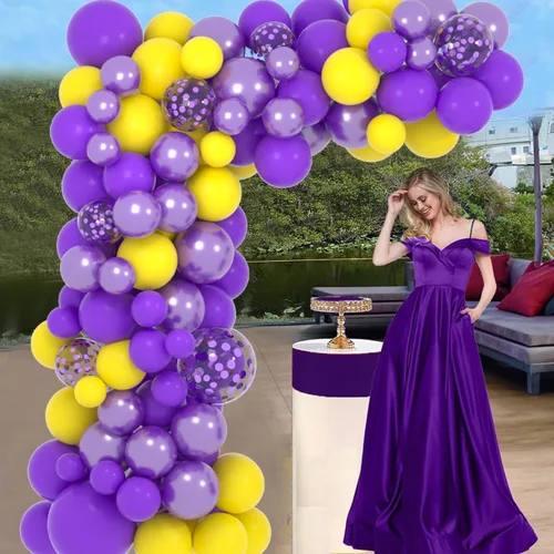 Miniatura 3 de Kit de arco de guirnalda de globos morados y amarillos, 122 globos de confeti amarillo lavanda metálico morado para cumpleaños, boda, aniversario