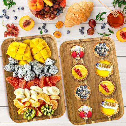 Miniatura 6 de YOUEON Juego de 2 bandejas de madera de acacia con borde elevado, bandeja rectangular de 14.2 x 9.5 pulgadas, plato de queso para aperitivo