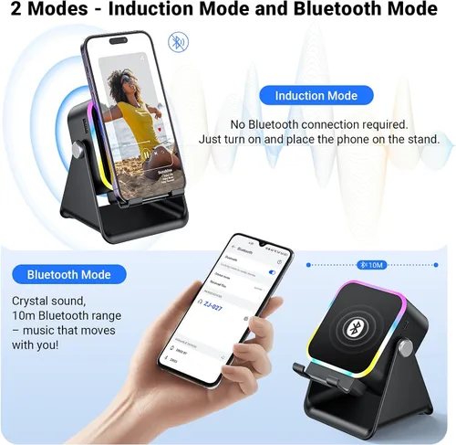 Miniatura 9 de Altavoz de inducción con soporte para teléfono 5 en 1 Audio inalámbrico de inducción Bluetooth para iPhone Android Altavoz con amplificador con luz
