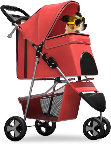 Miniatura 14 de Magshion Cochecito para mascotas de 3 ruedas, cochecito de viaje plegable para perros y gatos pequeños y medianos (hasta 33 libras), transportador