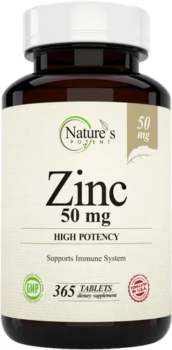 Nature's Potent Zinc 50 mg, suplemento de apoyo inmunológico, alta potencia para una máxima salud inmune y antioxidante, fabricado en Estados Unidos