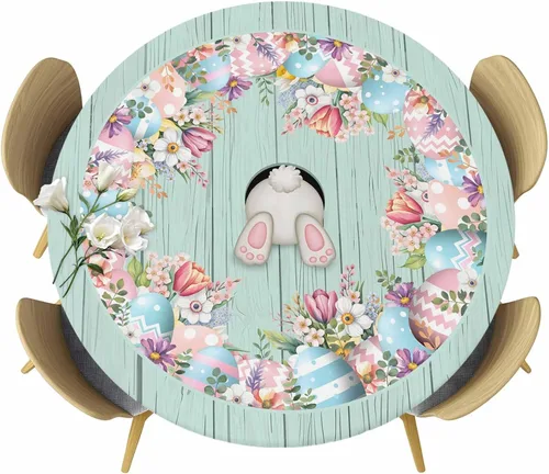 Miniatura 22 de Mantel Ajustable con Cola de Conejo de Pascua para Mesa Redonda, Cubierta de Mesa de Tulipán y Huevo de Primavera con Borde Elástico Impermeable