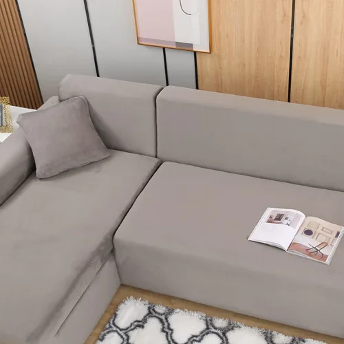Miniatura 8 de Fundas para sofá modular, 2 fundas de sofá en forma de L con fundas de almohada, fundas elásticas de terciopelo para sofá de 3 + 3 plazas, fundas