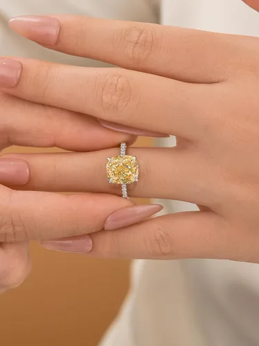 Miniatura 24 de Anillo de compromiso de corte cojín de 4 quilates para mujer, piedra blanca/amarilla grado 5A, circonita cúbica S925, plata, amarillo/blanco/oro rosa