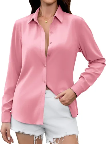 Miniatura 13 de Camisas Premium de Seda Satinada Suave y Transpirable con Botones para Mujer, Blusas de Manga Larga, Tops de Trabajo Casuales