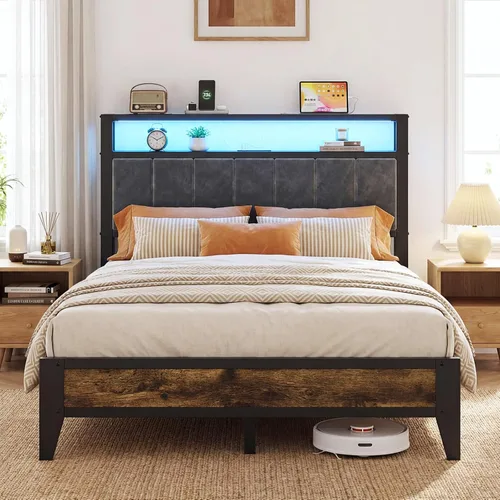 Miniatura 10 de OLEVS Base de cama King con cabecero, plataforma de metal tamaño King con almacenamiento de 2 niveles, luz LED y estación de carga tipo C,