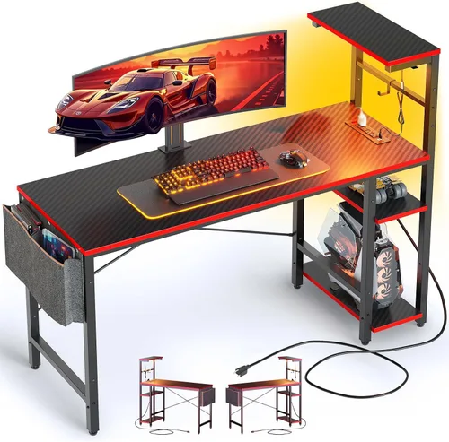 Miniatura 9 de Bestier Escritorio para juegos con tomas de corriente, escritorio LED grande de 61 pulgadas con estantes reversibles de 4 niveles, mesa