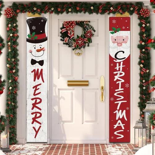 Miniatura 5 de Tatuo Cartel de Navidad para puerta, decoración de Navidad, Papá Noel, muñeco de nieve, porche, pancartas colgantes de Navidad para el hogar
