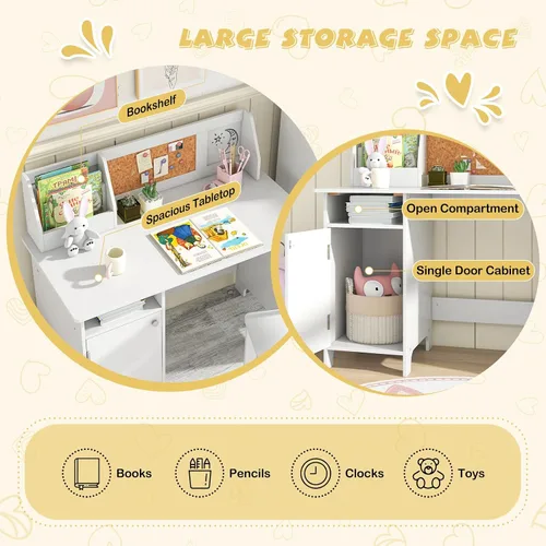 Miniatura 5 de Costzon Juego de escritorio y silla para niños, mesa de estudio de madera para niños con almacenamiento, gabinete, tablero de anuncios de corcho