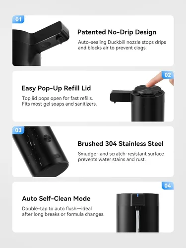 Miniatura 7 de SUNLY Dispensador de jabón automático sin contacto – Bomba sin obstrucciones, sensor rápido de 0.2 s, recargable USB-C, acero inoxidable resistente