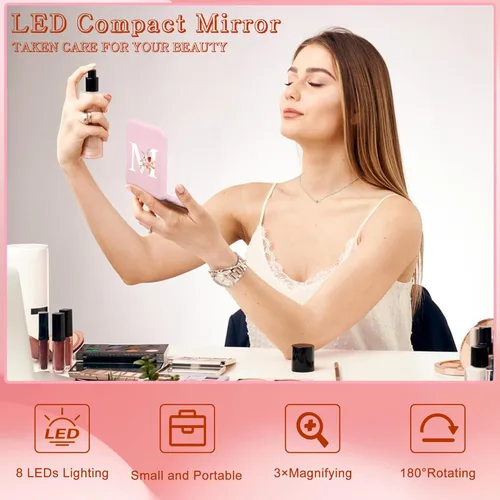 Miniatura 3 de Espejo compacto personalizado con inicial y luz, espejos de bolsillo LED para regalos informales, espejo de viaje con aumento 1X/3X, espejo pequeño