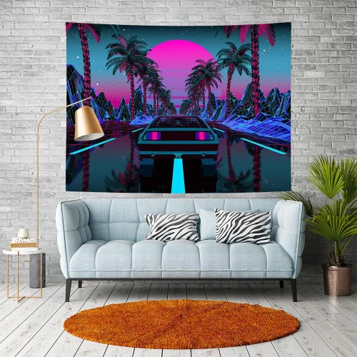 Ine Ive Tapiz de coche de los años 80, escena urbana de la calle, palmeras, puesta de sol, cielo estrellado, tapiz de pared punk, 40 x 30 pulgadas