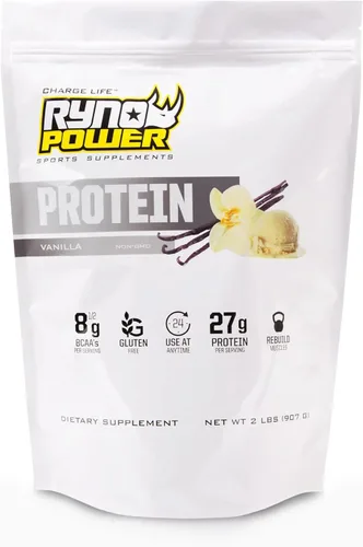 Ryno Power Proteína de suero totalmente natural, 2 libras (20 porciones) 'vainilla', mezcla de proteína de suero 100% y sin rellenos, sin OMG