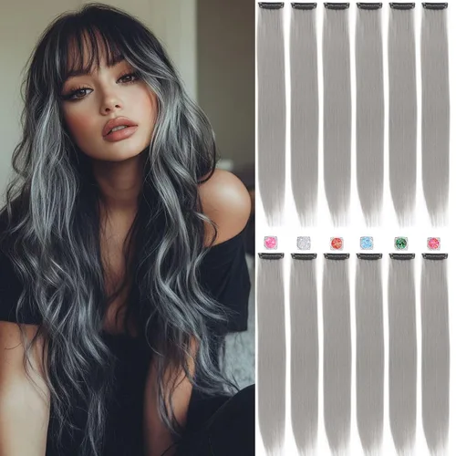 Miniatura 13 de Extensiones de cabello de colores, extensión de cabello liso con clip de 22 pulgadas, extensiones de cabello con brillantina multicolor arcoíris