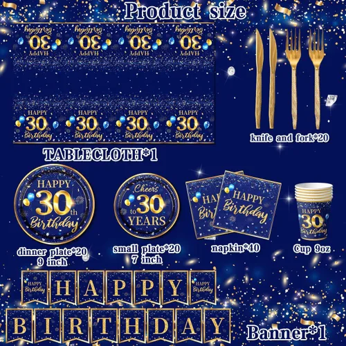 Miniatura 6 de Decoración de 30 cumpleaños para hombres - Juego de 142 piezas de vajilla de cumpleaños azul marino y dorado (sirve para 20) Incluye pancarta feliz