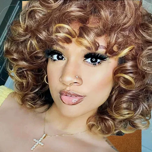 Miniatura 7 de Curly Wigs for Black Women Short Curly Wig with Bangs Soft Bouncy Fluffy Small Curls Heat Resistant Synthetic Wig for Daily Party Use Ombre Brown 14