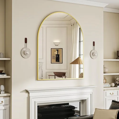 Miniatura 30 de BEAUTYPEAK Espejo de Pared Montado, Espejo de Baño Arqueado de 26 pulgadas x 38 pulgadas, Espejo de Tocador de Pared Dorado con Marco de Metal
