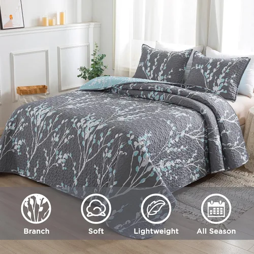 Miniatura 3 de Andency Edredón tamaño King gris azul (106 x 96 pulgadas), juego de ropa de cama ligero floral de 3 piezas, colcha acolchada de microfibra