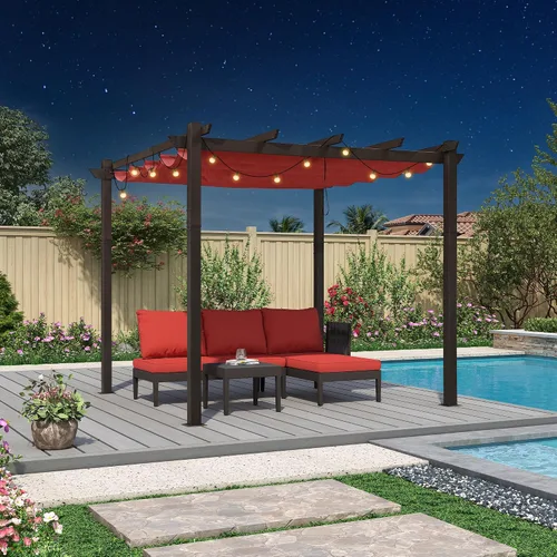 PURPLE LEAF Pérgola Retráctil de 10' x 10' para Exteriores de Aluminio Blanco con Toldo de Sombra Solar para Patio Refugio Moderno Marrón para