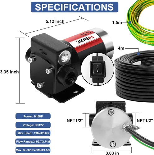Miniatura 2 de Bomba de transferencia de gasolina YOHOME DC 12V Nueva bomba de transferencia de combustible de doble vía de hierro fundido 3.7GPM con estabilidad