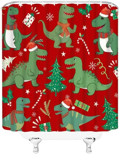 Miniatura 2 de Cortina de ducha de dinosaurio de Navidad, sombrero de Navidad, árbol de abeto, vacaciones de invierno, Año Nuevo, lindo animal de dibujos animados