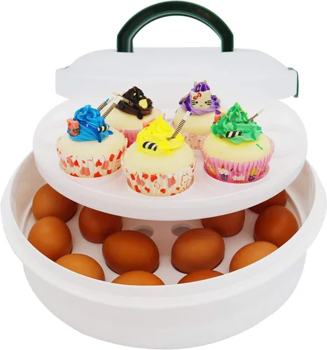 Miniatura 4 de Porta pasteles portátil de 10 pulgadas con tapa y bandeja 3 en 1, recipiente redondo para cupcakes, soporte para huevos, muffins, tartas, galletas