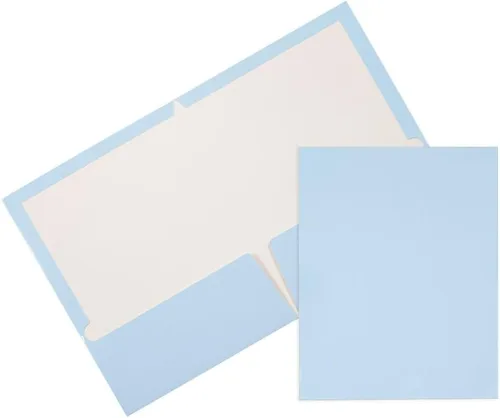 JAM PAPER Carpetas brillantes laminadas con dos bolsillos, color azul bebé, paquete de 3