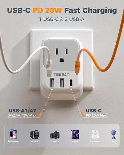 Miniatura 3 de TESSAN Adaptador de Enchufe de Viaje Europeo USB C Paquete de 3, Adaptador de Enchufe de EE.UU. a Europa con 4 Tomas de CA 3 Puertos de Carga USB