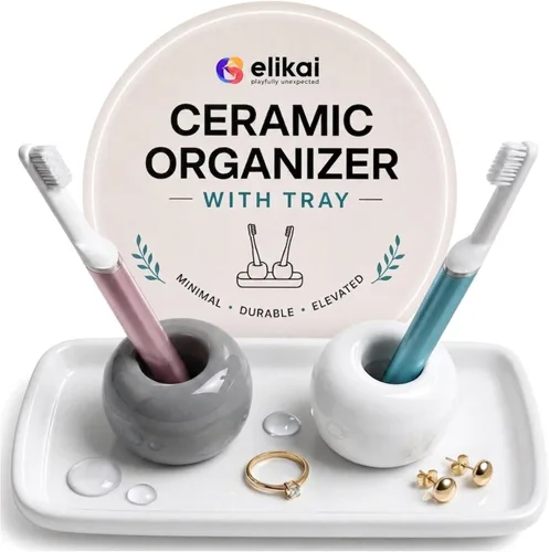 Miniatura 11 de ELIKAI Porta cepillos de dientes de cerámica con bandeja de baño, organizador de encimera para cepillos de dientes y accesorios, juego de soporte