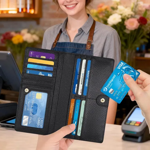 Miniatura 3 de Billetera para mujer, billetera RFID extradelgada, bolso plegable de cuero, con 11 ranuras para tarjetas y ventana de identificación, lindo monedero